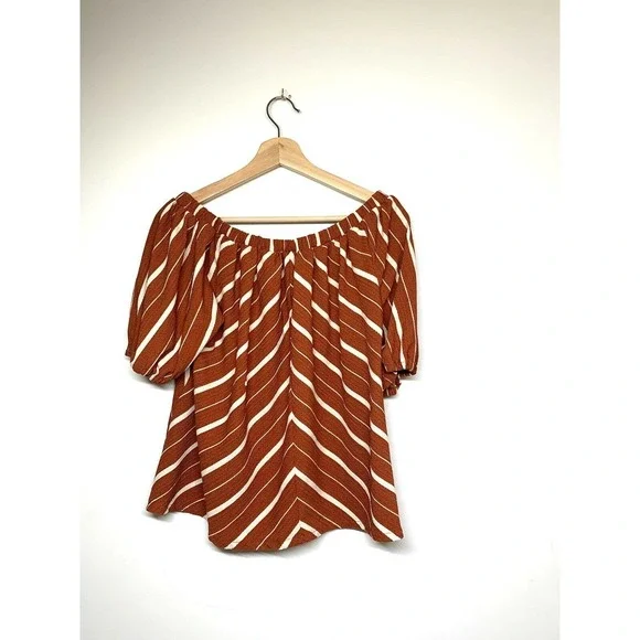 Anthropologie Womens Off The Shoulder Top Rust & White Stripe Elastic Neckline S - Picture 5 of 9